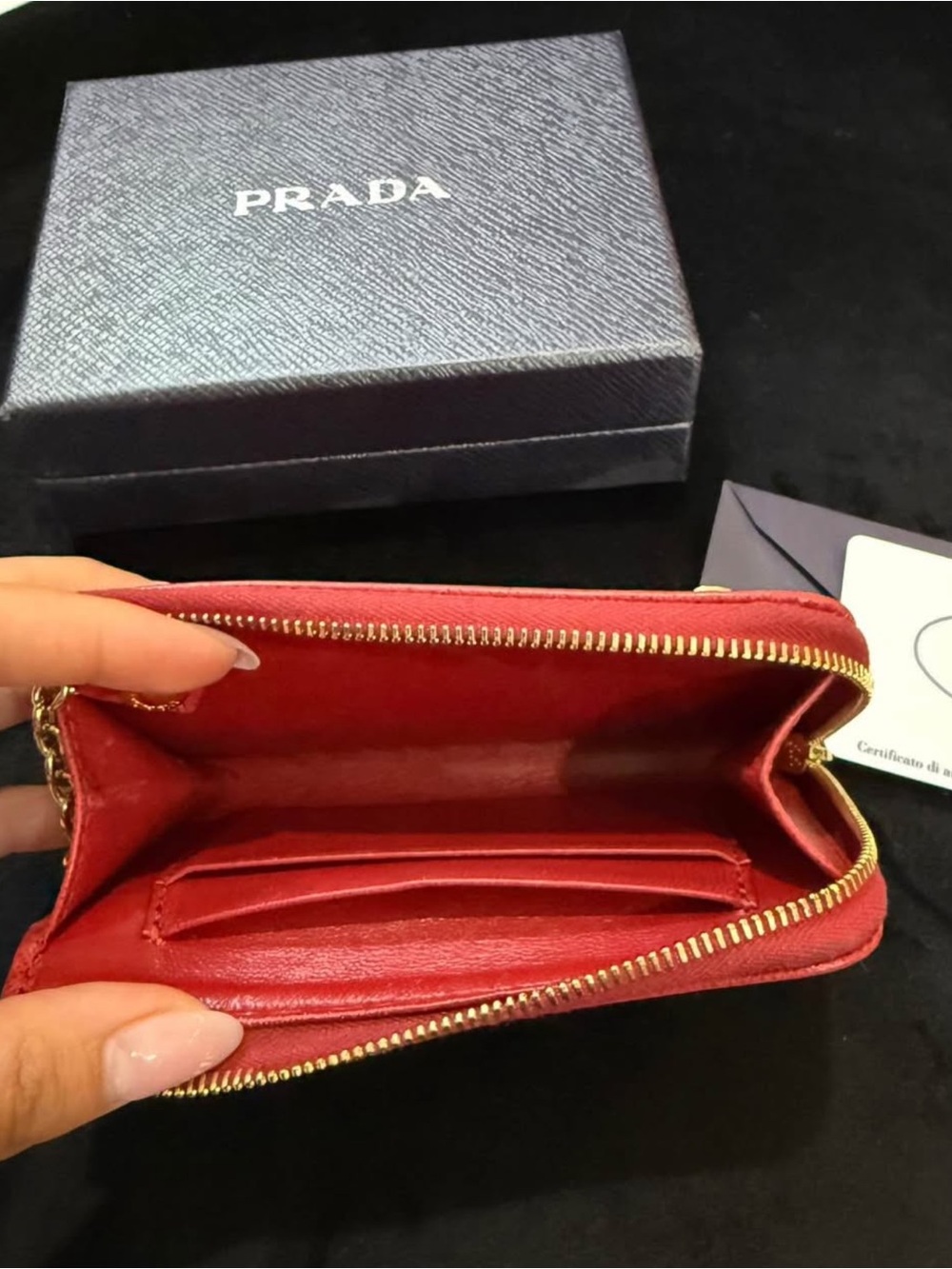 Prada Red Saffiano Leather Zip Card Holder with Gold Key Ring - Picture 4 of 5